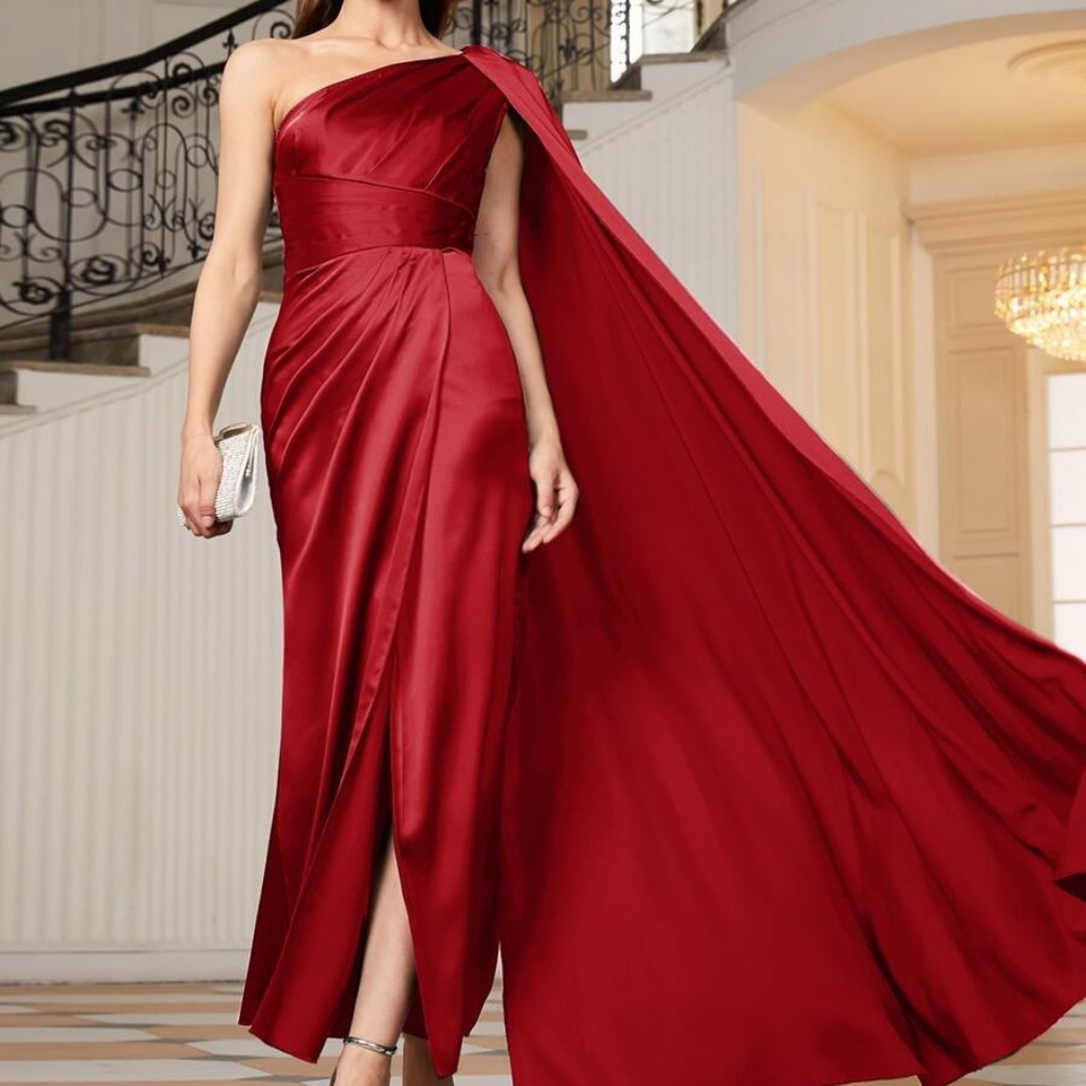 Luxe Dusty Pink One shoulder party formal evening Prom Satin Wedding dress - Picture 2 of 16